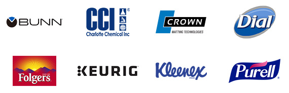 breakroom supplies logos, bunn, charlotte chemical inc, crown, dial, folgers, keurig, kleenex and purell